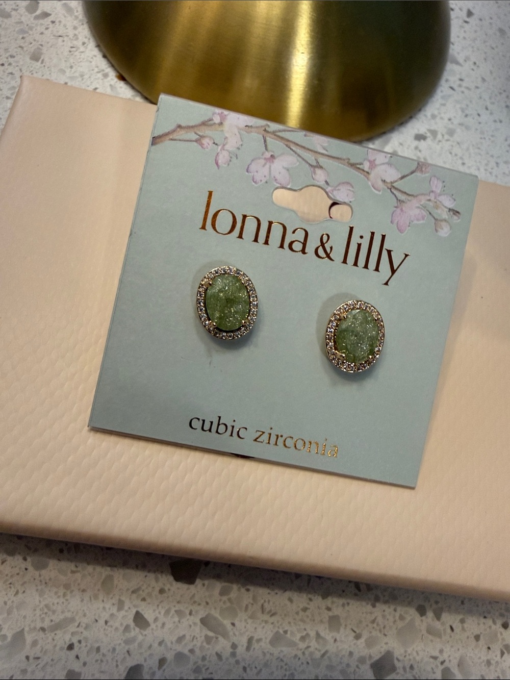 lonna & lilly Light Green Oval Halo Cubic Zirconia Stud Earrings